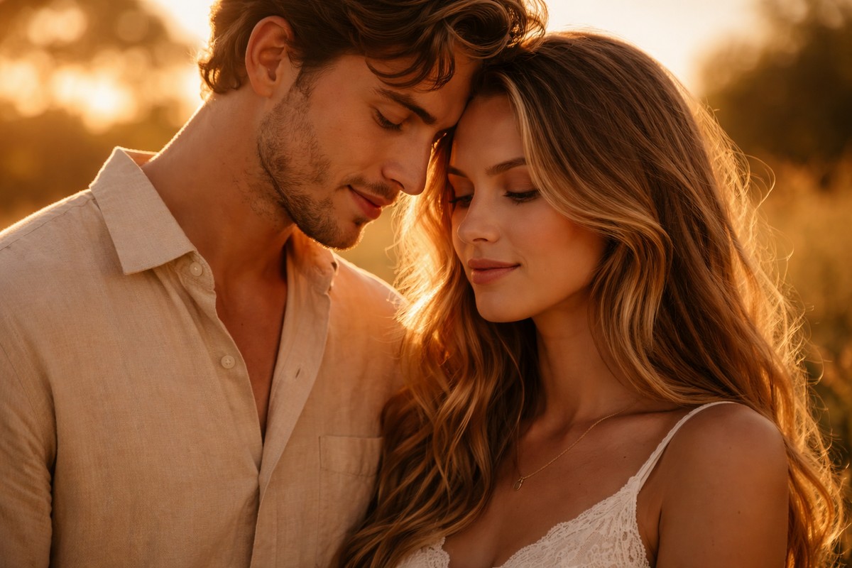 Golden-hour couple portrait with warm inviting color mood