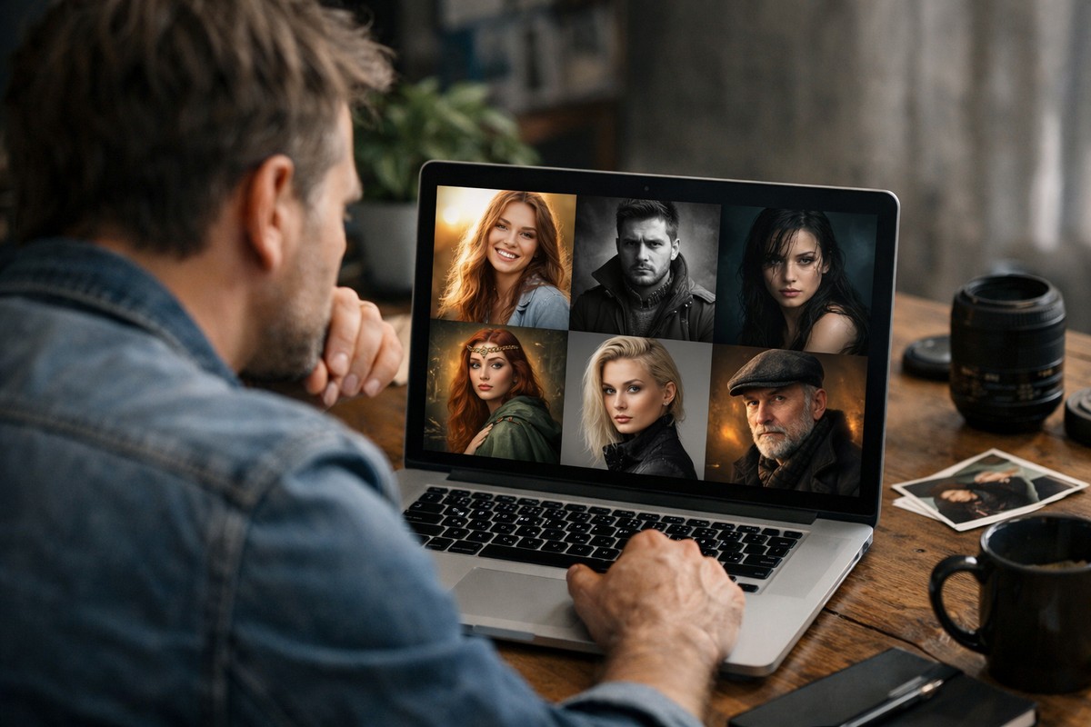 Photographer reviewing different portrait styles on a laptop