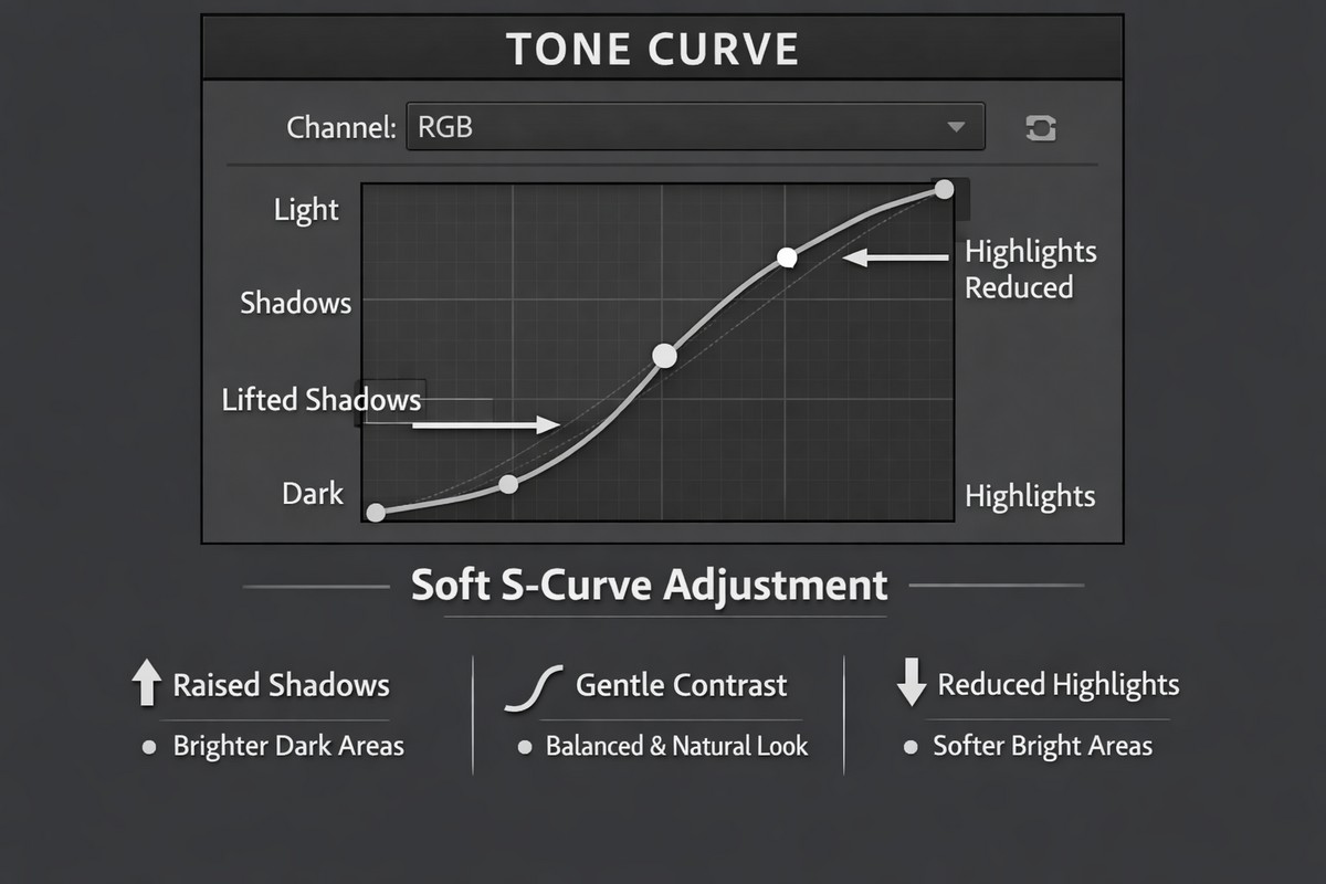 Lightroom Tone Curve panel with soft S-curve. Shadows lifted slightly, highlights gently lowered. Depth without harsh contrast. Professional Lightroom tutorial infographic style.