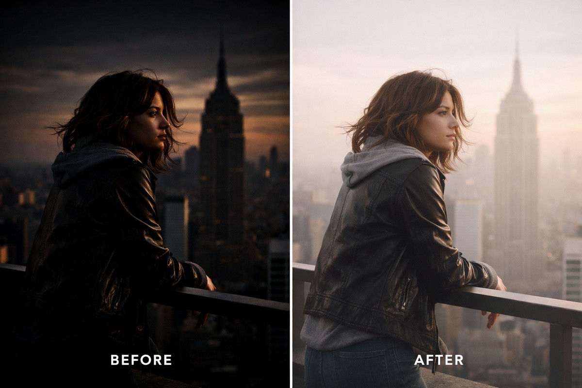 Before/after moody photo comparison
